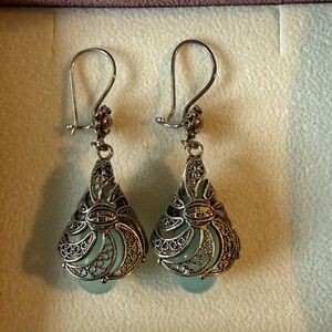 Blue Chalcedony Tear drop Ornate Sterling Silver Earrings.